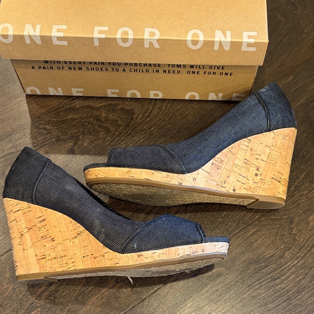 Toms Black Denim Cork Wedges - Picture 3 of 4